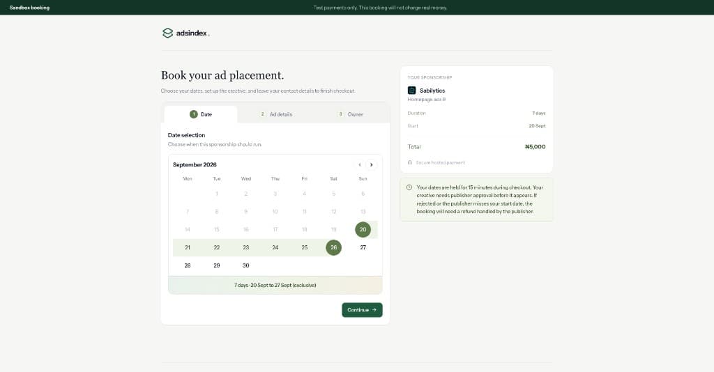 AdsRoster booking checkout with calendar date selection and sponsorship summary